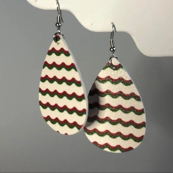 White Leather Wavy Teardrop Earrings Green Red White - Picture 4 of 5